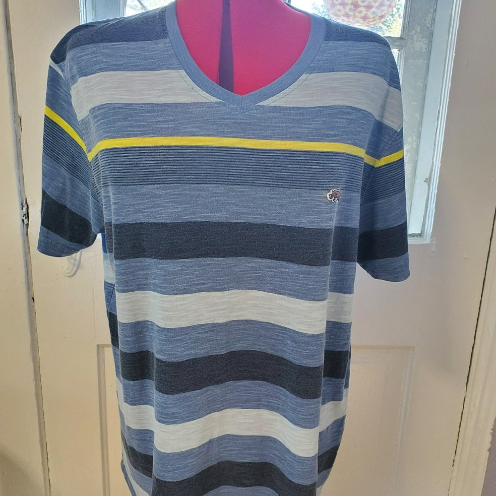 Ecko striped V neck blue and yellow tee horizontal striped tee shirt, size XL